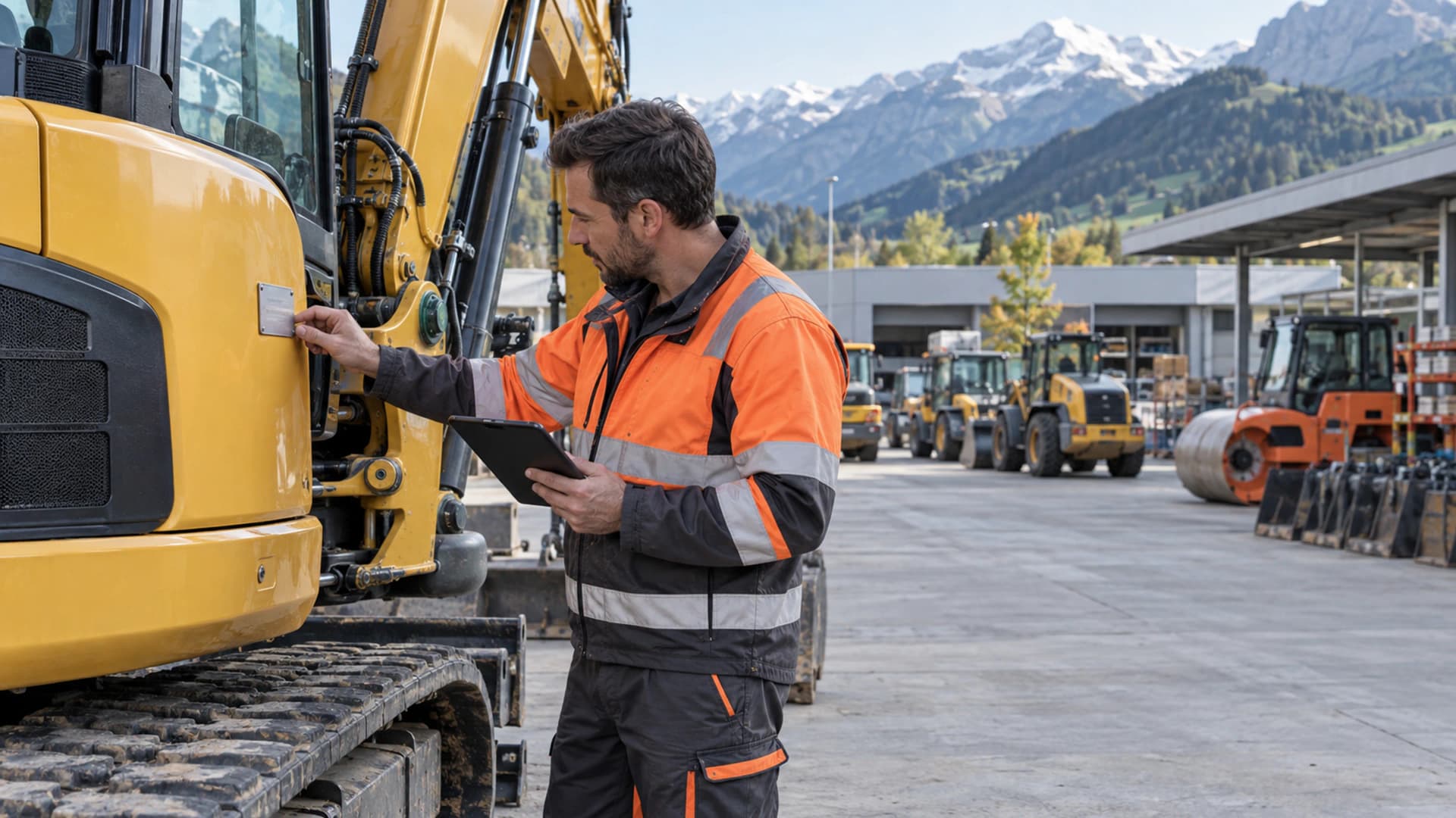 Mitarbeitender prüft die eindeutige Inventarnummer einer Baumaschine im Werkhof