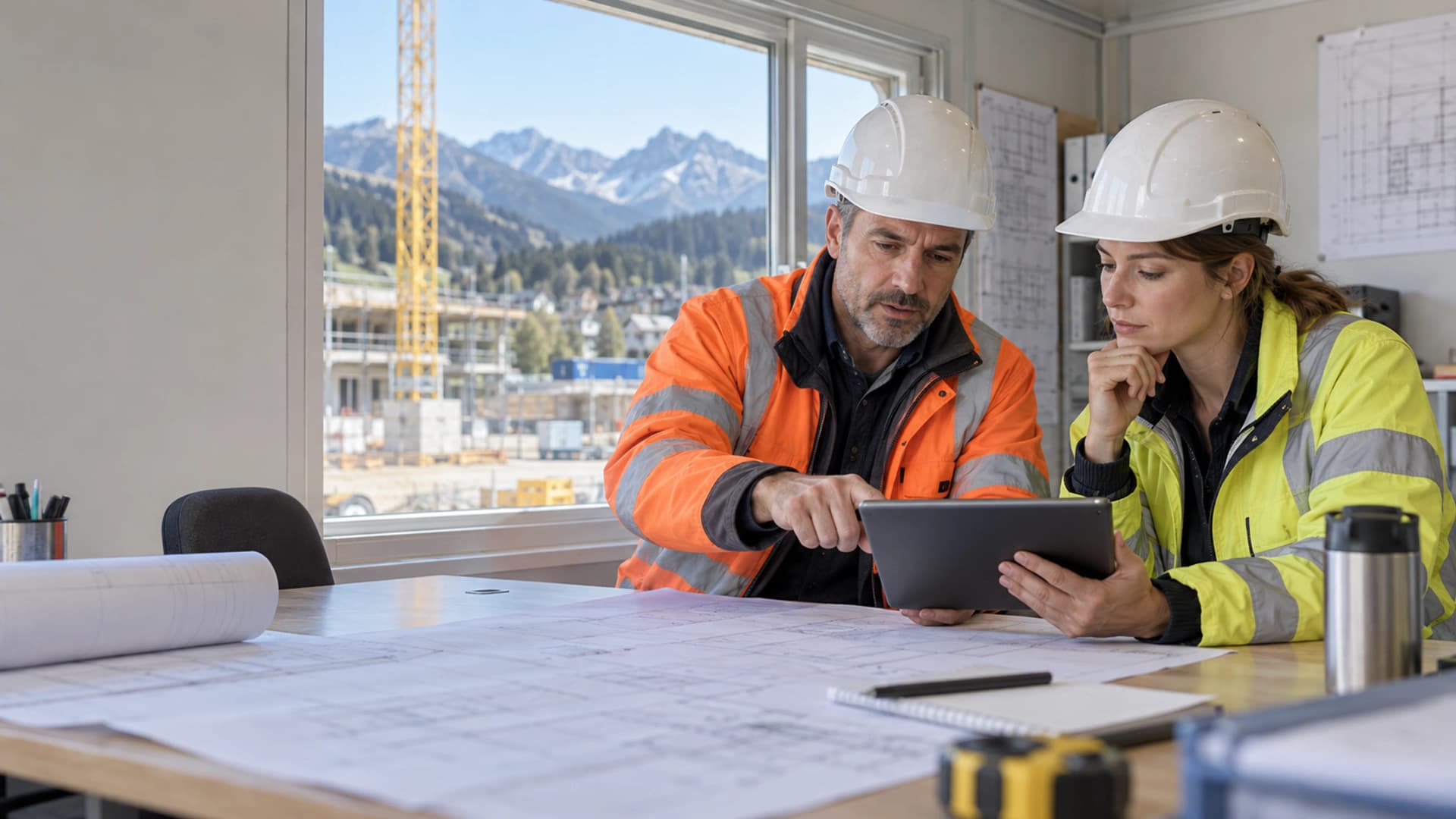 Polier und Bauführer prüfen gemeinsam einen Maschinenrapport auf dem Tablet