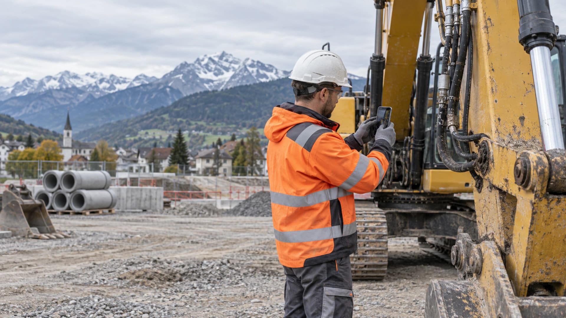 Mitarbeitender dokumentiert einen Schaden an einer abgestellten Baumaschine mit dem Smartphone