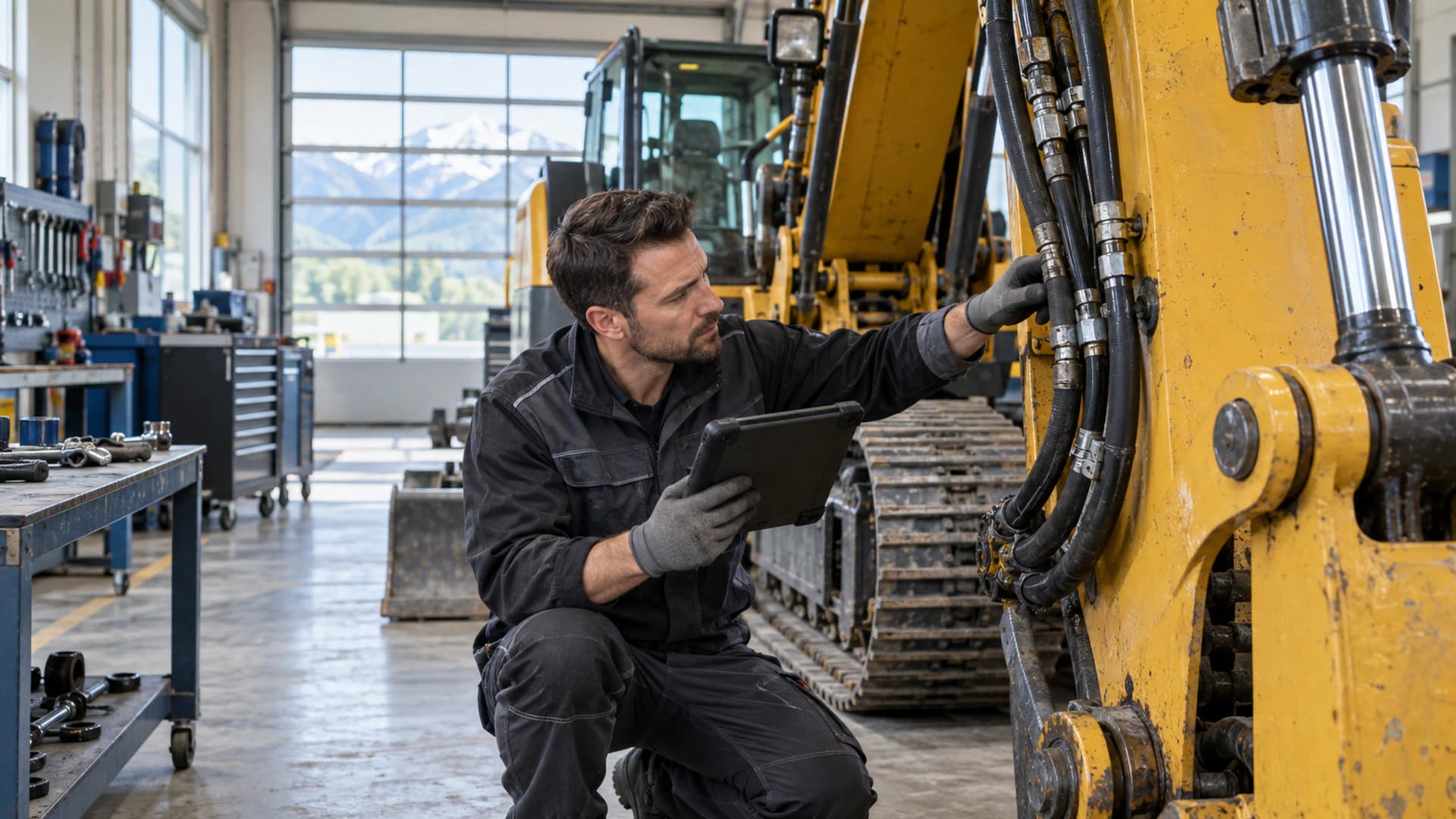 Mechaniker prüft einen gemeldeten Schaden an einer abgestellten Baumaschine in der Werkstatt