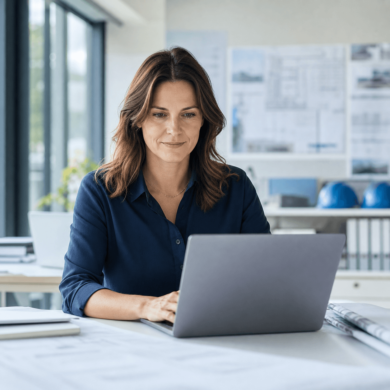 Administration arbeitet mit Projektdaten am Laptop