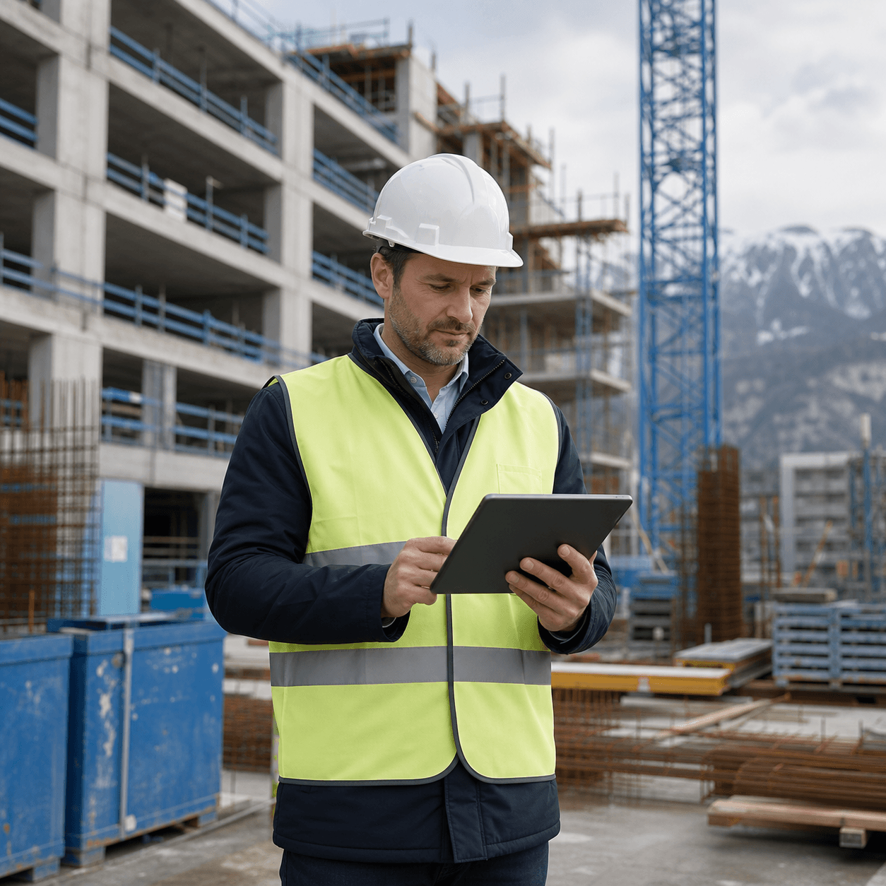 Bauleiter mit Tablet auf einer Baustelle